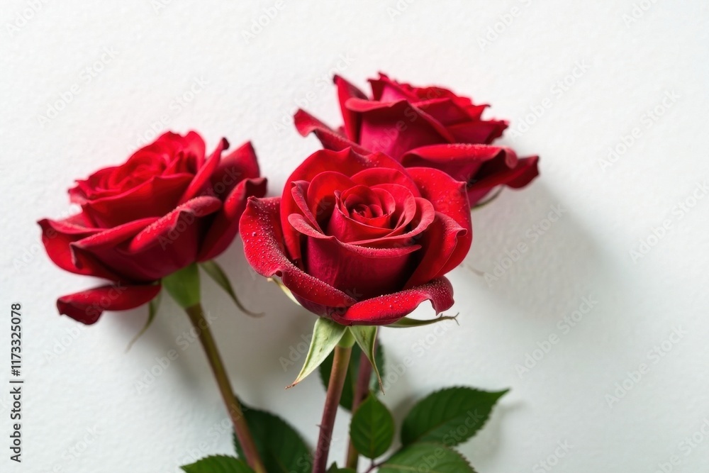 Three dewy red roses on pure white backdrop Close-up view highlighting texture & color , Valentine's Day, bloom Three dewy red roses on pure white backdrop Close-up view highlighting texture & color , Valentine's Day, bloom