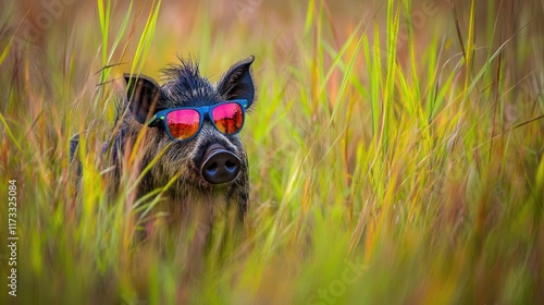 A wild boar wearing sunglasses hides in tall grass.