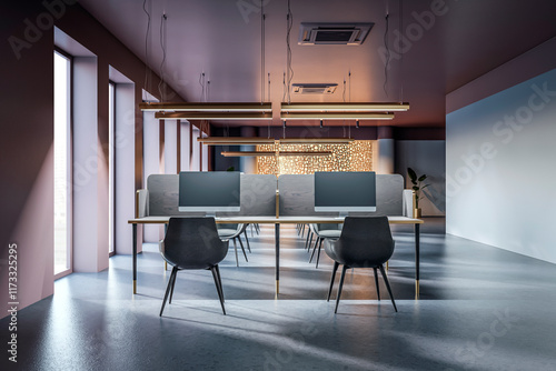 Wallpaper Mural Modern office workspace with sleek desks, chairs, and computers in an open-plan design featuring large windows and stylish lighting. 3D Rendering Torontodigital.ca