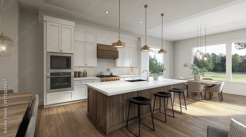 Modern kitchen with an island, elegant design, and natural light. Modern kitchen with an island, elegant design, and natural light.