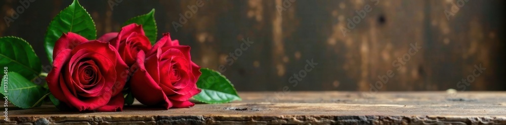 Fototapeta premium Vibrant red roses, lush green leaves, wooden stand, love, red