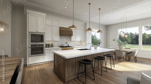 Modern kitchen with an island, elegant design, and natural light.