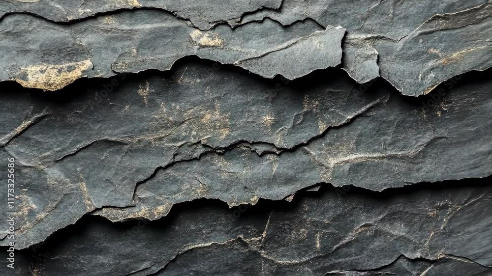 Textured layers of dark slate stone revealing natural patterns and geological features in close-up view Textured layers of dark slate stone revealing natural patterns and geological features in close-up view