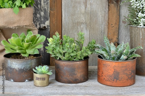 Rustic arrangement of succulent plants in vintage copper pots photo