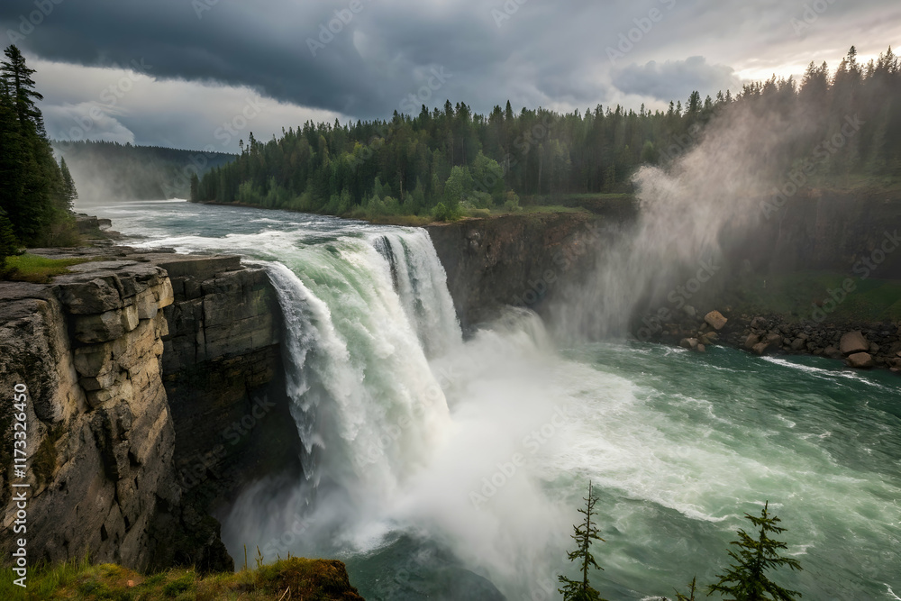 Fototapeta premium Majestic Waterfall Cascading Into Turquoise River Amidst Stormy Sky
