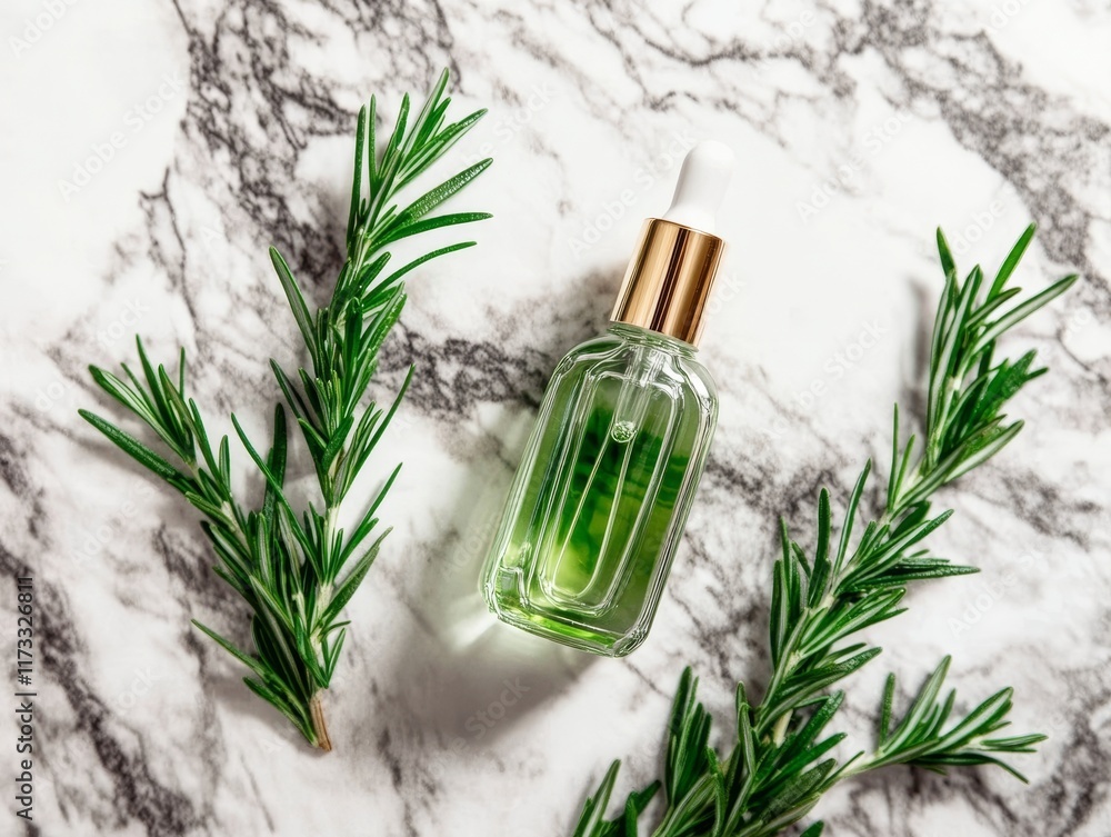 Fototapeta premium Herbal skincare: rosemary essential oil bottle on marble surface