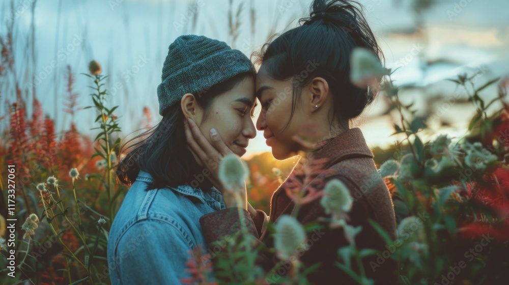 Fototapeta premium Two young women at sunset in a field with flowers. Perfect for travel blogs, romantic stories or clothing ads.