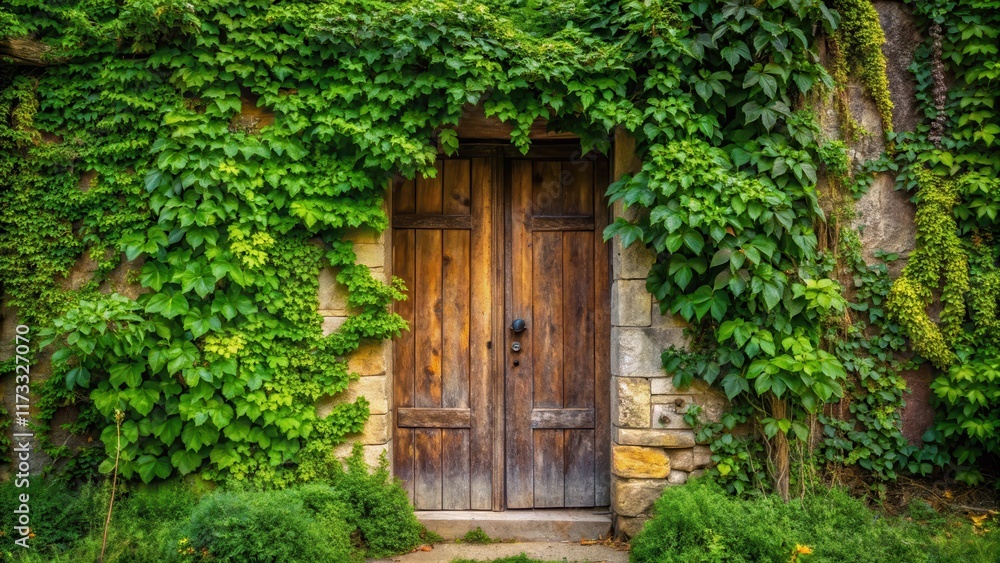 A scenic outdoor landscape featuring a rustic wooden door with overgrown green leaves and vines A scenic outdoor landscape featuring a rustic wooden door with overgrown green leaves and vines