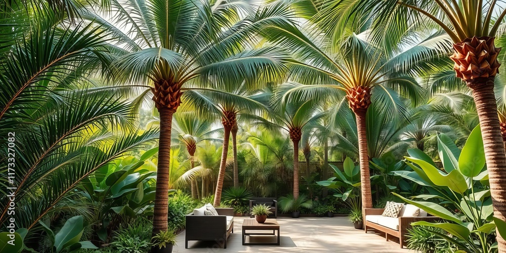 Fototapeta premium Tropical inspired patio set in lush green jungle with palm trees, patio furniture, jungle scene