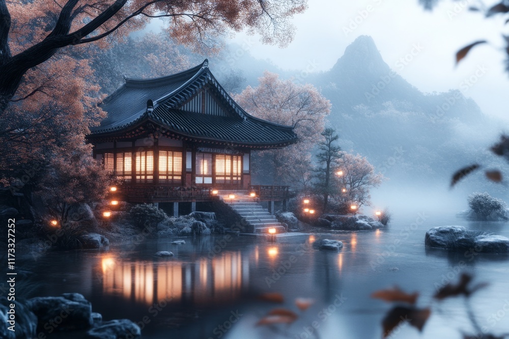 Fototapeta premium A 3D-rendered Korean palace under the moonlight, with glowing lanterns, detailed architecture, and serene reflections in a nearby pond