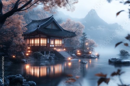 Wallpaper Mural A 3D-rendered Korean palace under the moonlight, with glowing lanterns, detailed architecture, and serene reflections in a nearby pond Torontodigital.ca