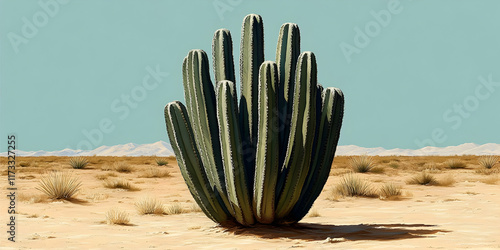 A large cactus stands alone in a vast desert landscape under a clear sky.