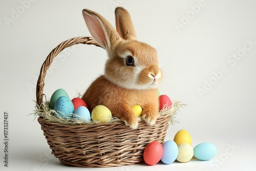 Adorable Easter Bunny with Colorful Eggs in Basket