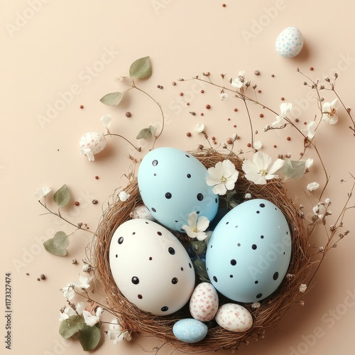 Easter Eggs in a Nest Decorated with Flowers and Branches