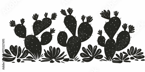 Black silhouette of three prickly pear cacti with succulents.