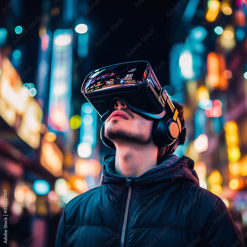A man wearing a VR headset with a vibrant nighttime cityscape in the background A man wearing a VR headset with a vibrant nighttime cityscape in the background