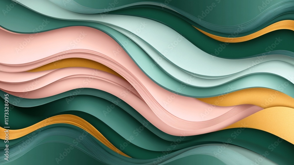 Obraz premium Abstract Green Pink Gold Waves Papercut Style Background