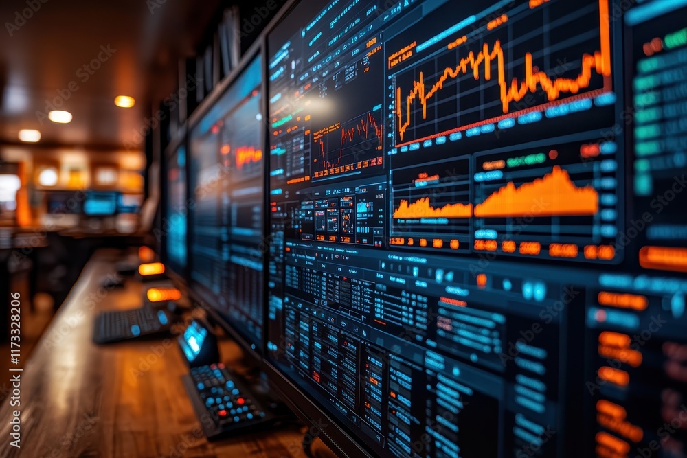 Intricate data analysis displays in a modern trading room during working hours Intricate data analysis displays in a modern trading room during working hours