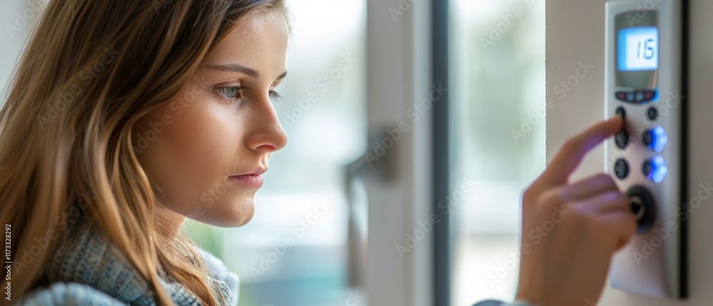 Young woman adjusting temperature on thermostat in modern interior. Suitable for articles about home comfort and energy saving. Young woman adjusting temperature on thermostat in modern interior. Suitable for articles about home comfort and energy saving.