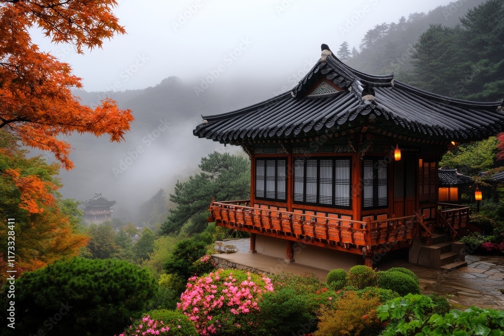 A Korean temple surrounded by lush greenery and misty mountains, with intricate carvings and hanging lanterns A Korean temple surrounded by lush greenery and misty mountains, with intricate carvings and hanging lanterns