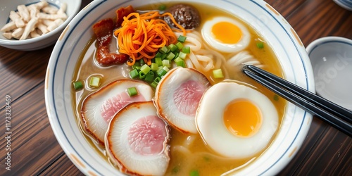 Traditional Okinawan soba noodle soup served in a rustic bowl with toppings like sliced pork, green onions, fish cakes, and pickled ginger on a wooden table, rustic, food photo