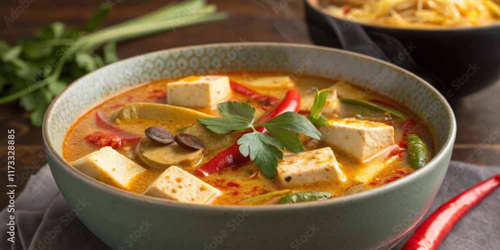 Thai Tom Yum Soup with Tofu in Spicy Style with Zesty Flavors Representing Traditional Cuisine Thai Tom Yum Soup with Tofu in Spicy Style with Zesty Flavors Representing Traditional Cuisine