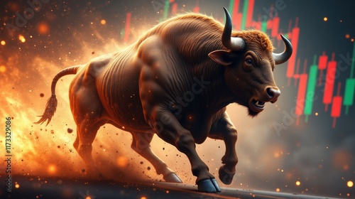 Wallpaper Mural Powerful Bull Charging Forward with Stock Market Charts and Flames Torontodigital.ca