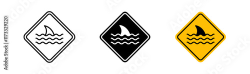 Danger of shark signs flat and linear vector illustration on white background.