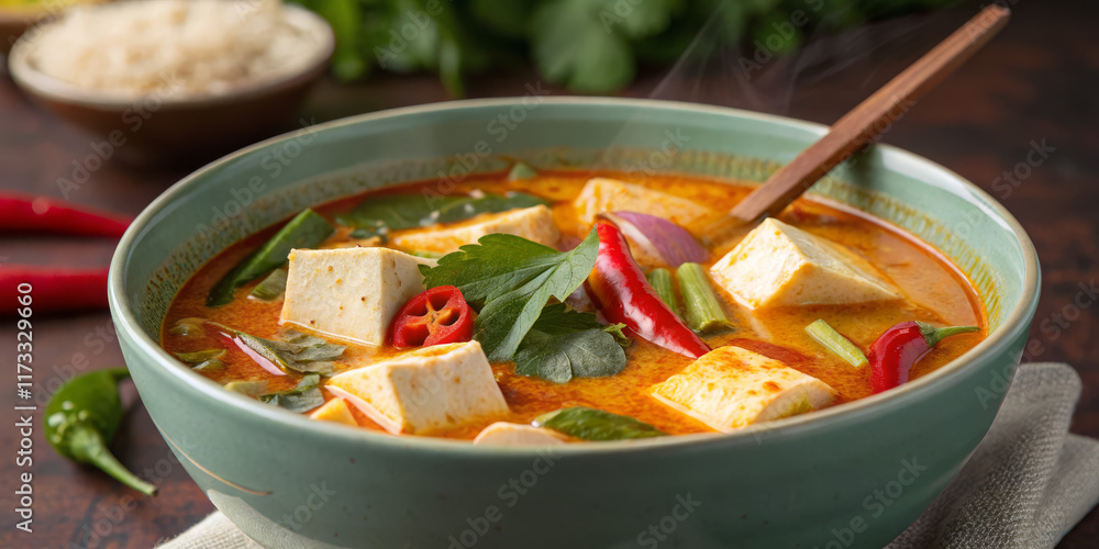 Thai Tom Yum Soup with Tofu in Spicy Style with Zesty Flavors Representing Traditional Cuisine Thai Tom Yum Soup with Tofu in Spicy Style with Zesty Flavors Representing Traditional Cuisine