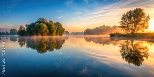 Wallpaper Mural A serene lake at sunrise with mist rising from the water and trees reflected in the calm surface, sunrise, serene,  sunrise Torontodigital.ca