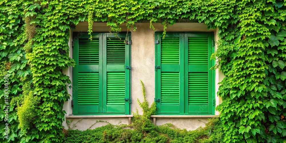 Green Shutters with Ivy Vines - Vibrant Outdoor Scene Green Shutters with Ivy Vines - Vibrant Outdoor Scene
