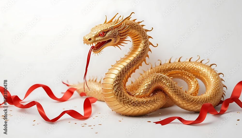 Obraz premium Golden Dragon Figurine with Red Ribbons: A Symbol of Luck and Prosperity