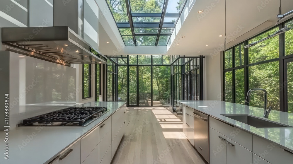 Obraz premium Modern kitchen with glass walls, blending indoor and outdoor spaces.