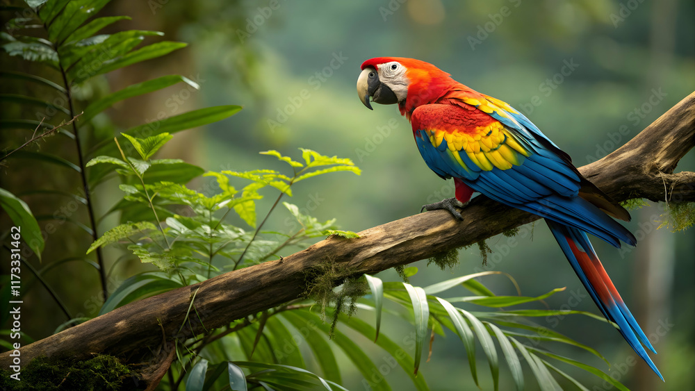 Obraz premium Vibrant Scarlet Macaw Perched on Branch in Lush Rainforest