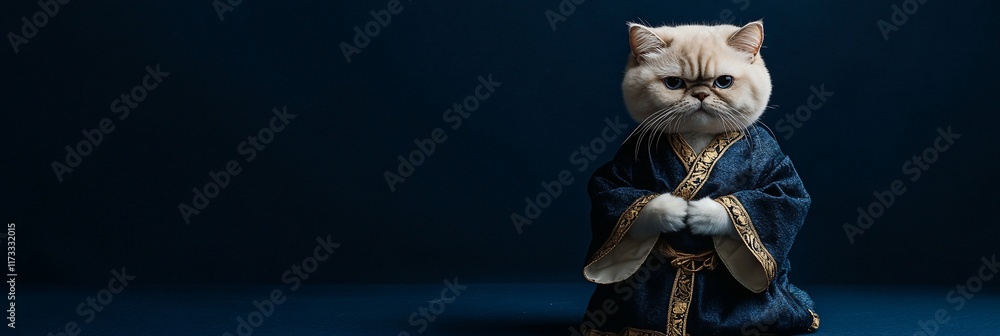 Grumpy cat in a kimono, dark background. Grumpy cat in a kimono, dark background.