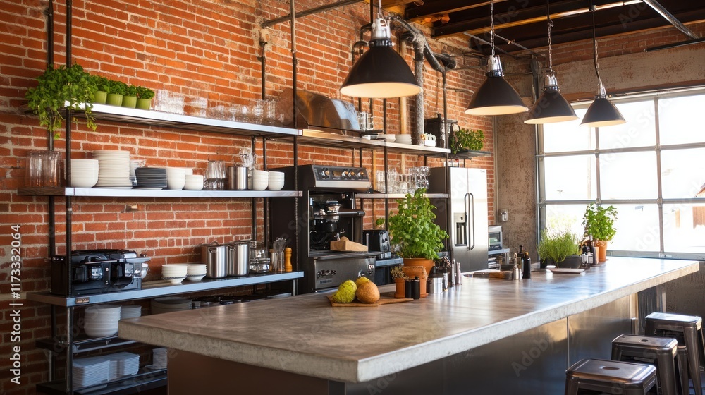 Modern kitchen with industrial design, featuring plants and coffee equipment. Modern kitchen with industrial design, featuring plants and coffee equipment.