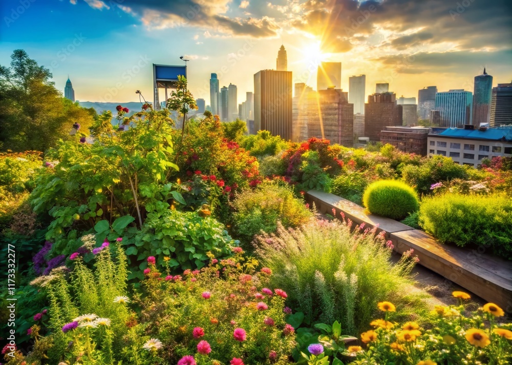 Fototapeta premium Lush Urban Oasis: Overgrown Green Rooftop Garden with City Skyline