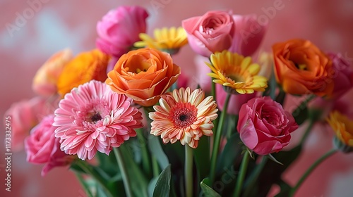 Foto A vibrant bouquet of roses and gerberas in a vase, with bright colors against a soft, blurred background, showcasing the delicate petals and lively hues