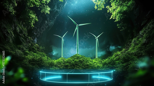 Green technology harnesses wind energy and eco-friendly materials. Eco-Friendly Energy Source with Wind Turbines in Nature