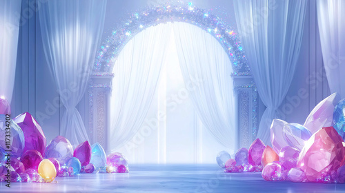 Enchanting purple crystal wedding arch with white drapery for luxurious event backdrops and maternity photography