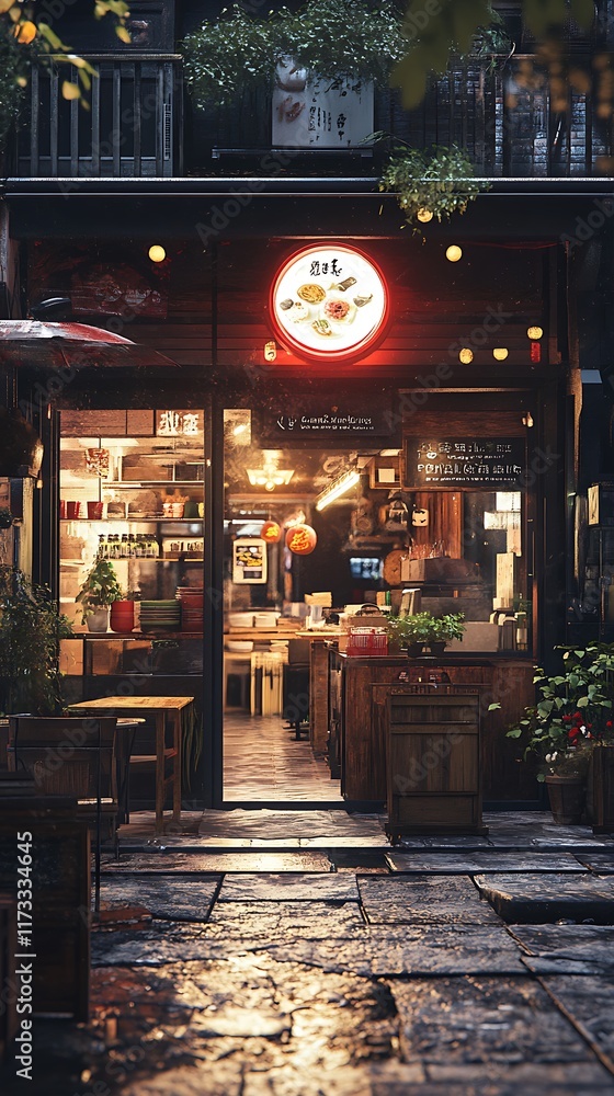 Naklejka premium A cozy restaurant entrance illuminated at night, inviting diners with warm lights and plants.