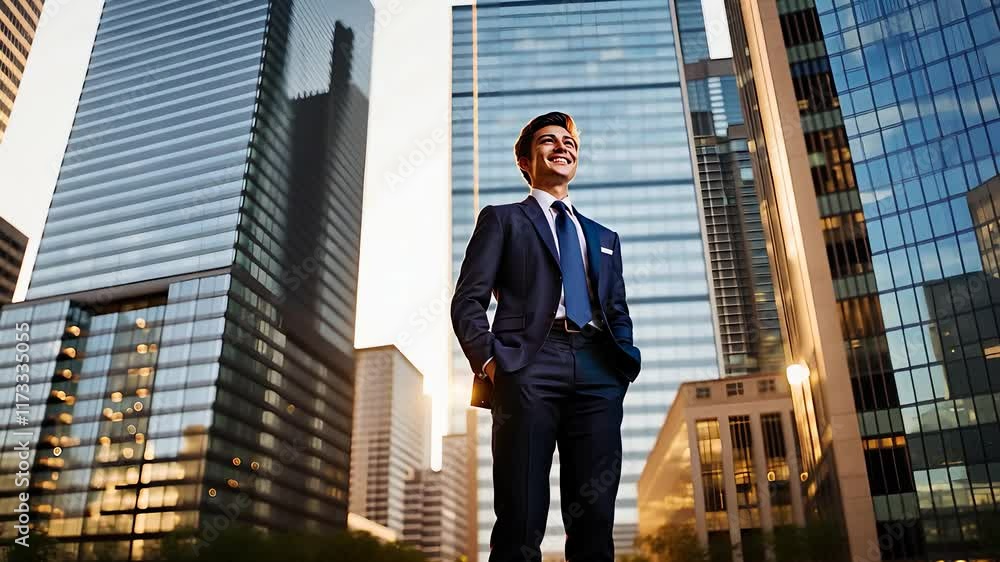 Confident Businessman in a Suit Standing Among Modern Skyscrapers in a Vibrant Urban Cityscape
Confident Businessman in a Suit Standing Among Modern Skyscrapers in a Vibrant Urban Cityscape