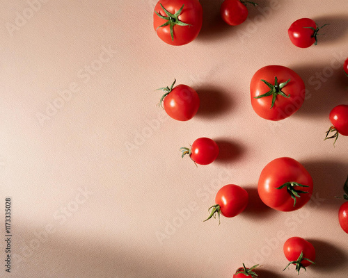 Food background flat lay, light and shadows, tomatoes strewn on a beige kitchen table photo