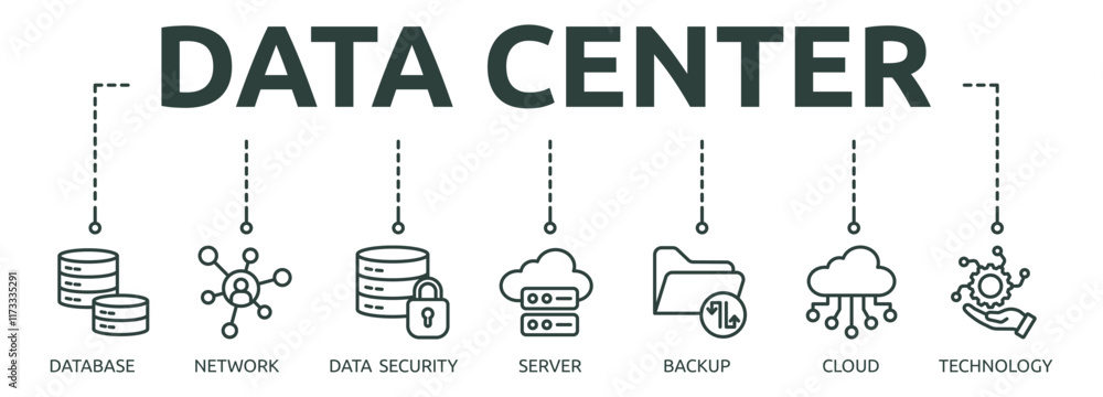 Printdata center outline banner icon of database, network, data security, server, backup, cloud, technology Printdata center outline banner icon of database, network, data security, server, backup, cloud, technology
