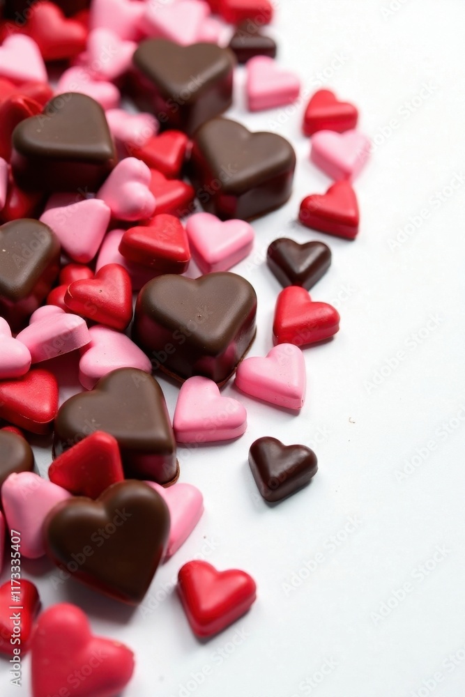 Pile of chocolate candy hearts, scattered, white backdrop, abundance, sugary, collection Pile of chocolate candy hearts, scattered, white backdrop, abundance, sugary, collection