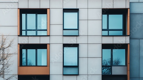 Modern building fa? section ade with large windows, geometric shapes, and a combination of concrete and metal materials photo