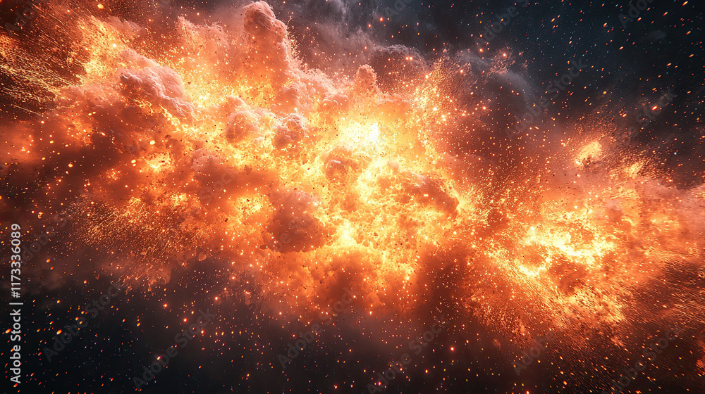 Fototapeta premium explosion, black background, blast, fiery, dynamic, fireball, detonation, impact, destruction, energy, burst, smoke, flames, powerful, dramatic, intense, glowing, light, debris, shockwave, combustion,