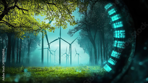 Green technology harnesses wind energy and eco-friendly materials. Ethereal Landscape with Wind Turbines and Misty Forest
