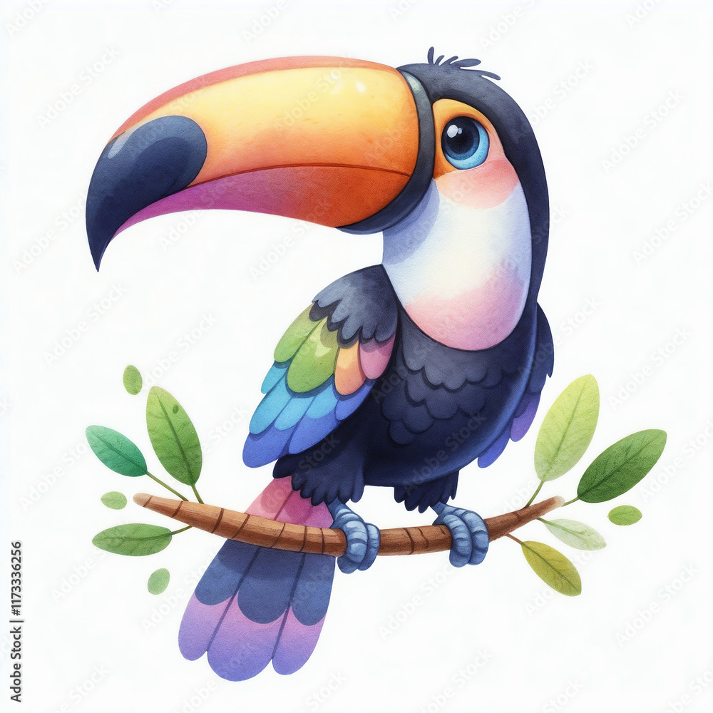 Fototapeta premium Colorful toucan perched on a branch surrounded by tropical flowers in a whimsical setting