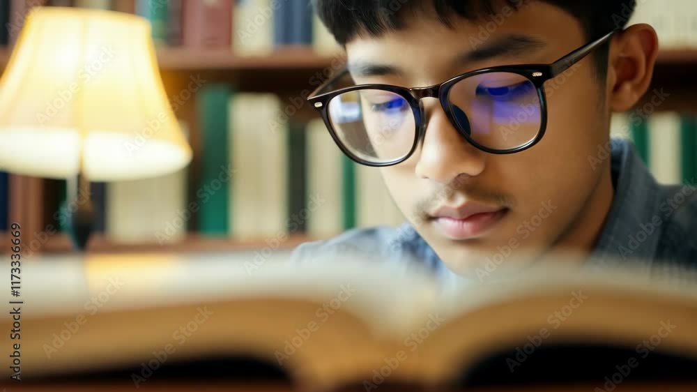 Young Asian female student with eyeglasses reading the book in a library. A close-up of a young man with glasses, lost in the pages of his book.